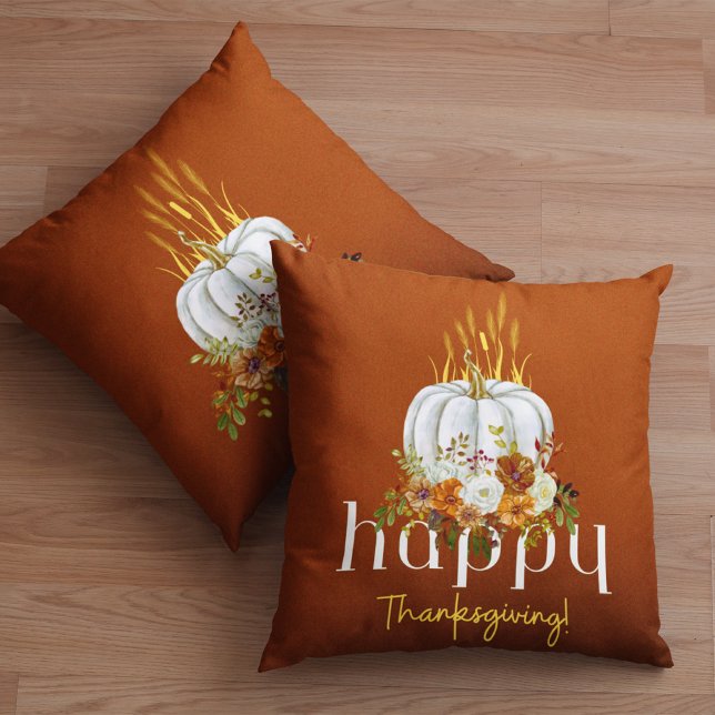 Happy Thanksgiving Brown Autumn Floral Pumpkin  Cushion (Creator Uploaded)