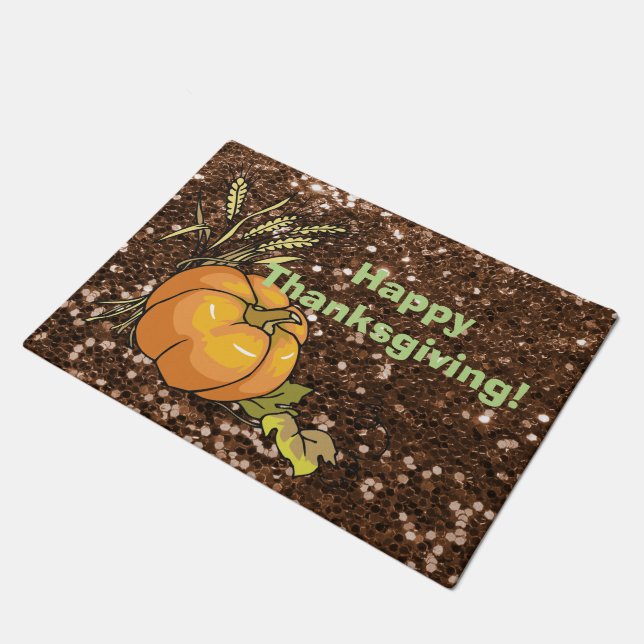 Happy Thanksgiving Brown Faux Glitter Doormat (Angled)