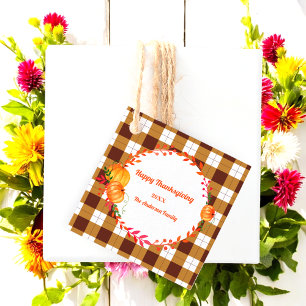 Happy Thanksgiving Brown Plaid Pumpkin Favour Tags