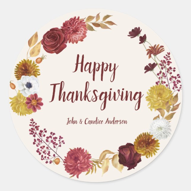 Happy Thanksgiving Burgundy Gold Floral Wreath Classic Round Sticker (Front)