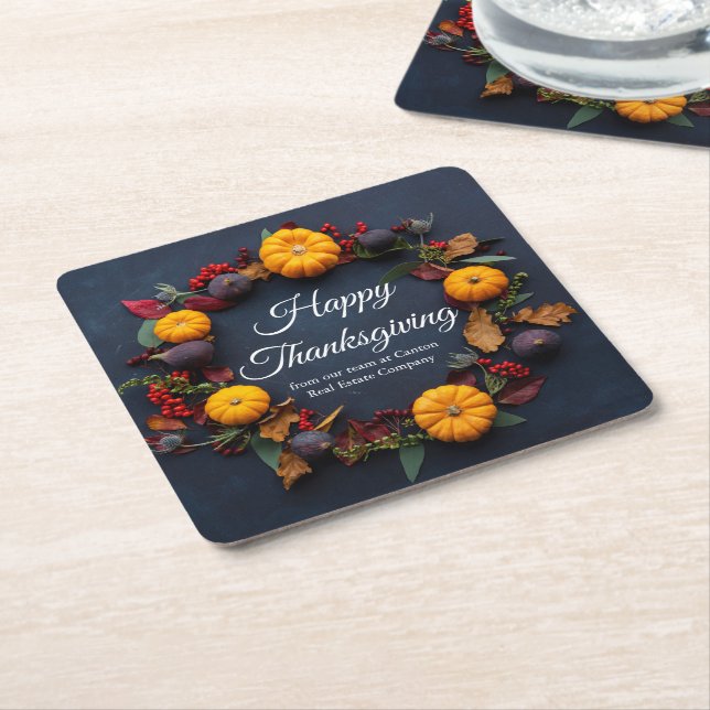 Happy Thanksgiving Business Pumpkin Dinner Party Square Paper Coaster (Angled)