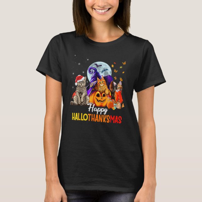 Happy Thanksgiving Cat Happy Hallothanksmas Cute C T-Shirt (Front)