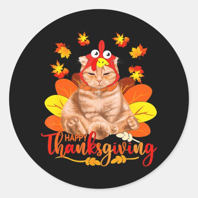 Happy Thanksgiving Cat Turkey Christmas Day Classic Round Sticker (Front)