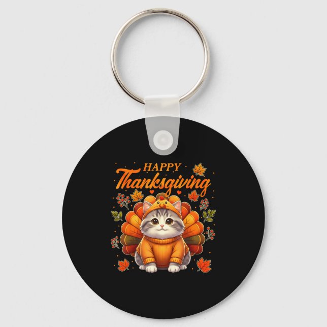 Happy Thanksgiving Cat Turkey Day Autumn Fall Men  Key Ring (Front)