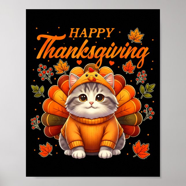 Happy Thanksgiving Cat Turkey Day Autumn Fall Men  Poster (Front)