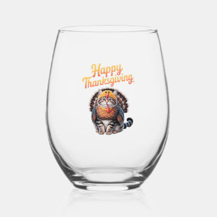 Happy Thanksgiving Cat Turkey Day Fall Classic T-S Stemless Wine Glass