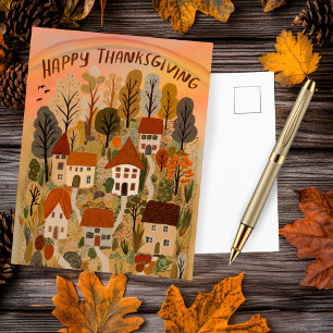 Happy Thanksgiving Charming Autumn Village Cute Postcard
