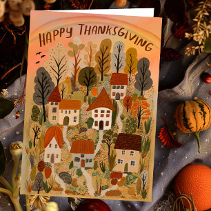 Happy Thanksgiving Charming Autumn Village Fall  Card