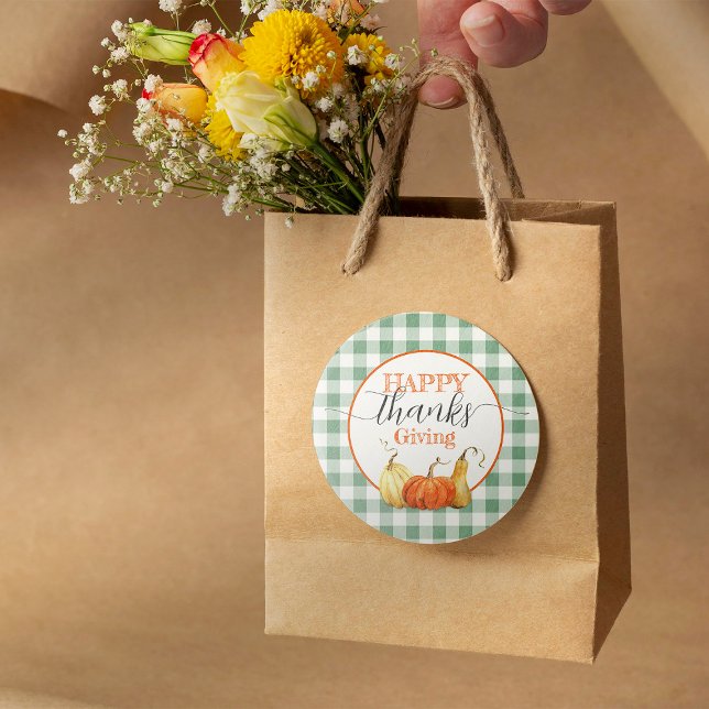 Happy Thanksgiving Chequered Tablecloth Pumpkins Classic Round Sticker (Creator Uploaded)