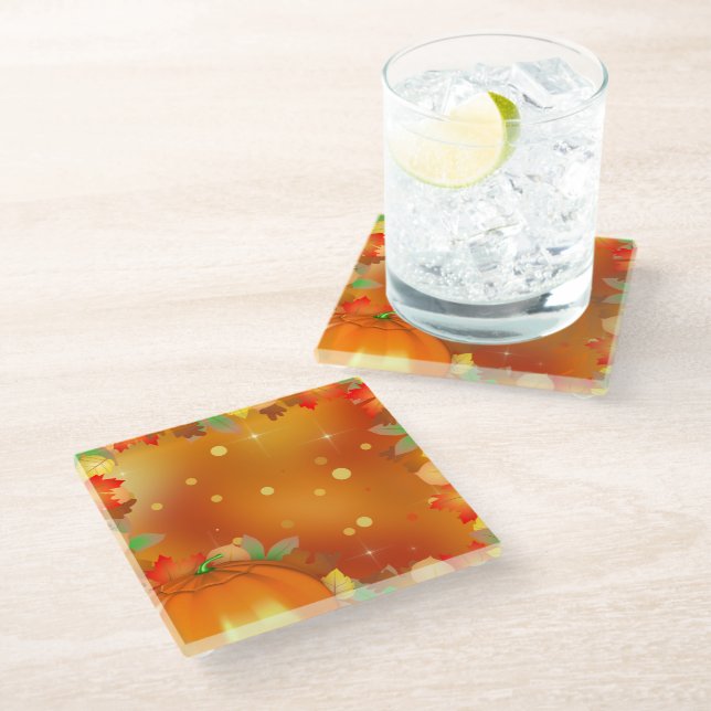 Happy Thanksgiving Colorful Autumn Leaves Glass Coaster (Angled)