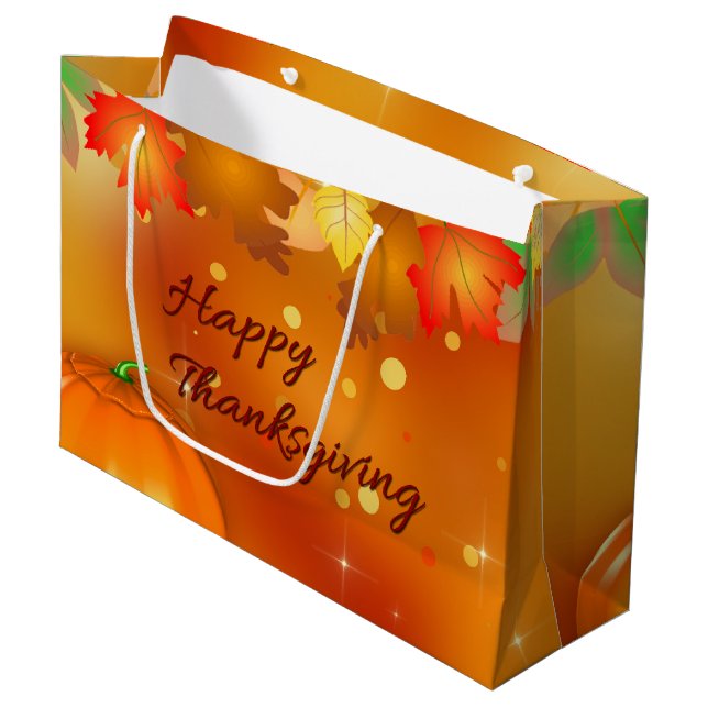 Happy Thanksgiving Colorful Autumn Leaves Large Gift Bag (Front Angled)