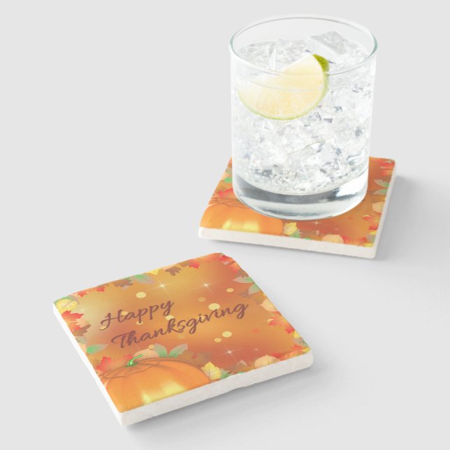 Happy Thanksgiving Colourful Autumn Leaves Stone Coaster (Side)