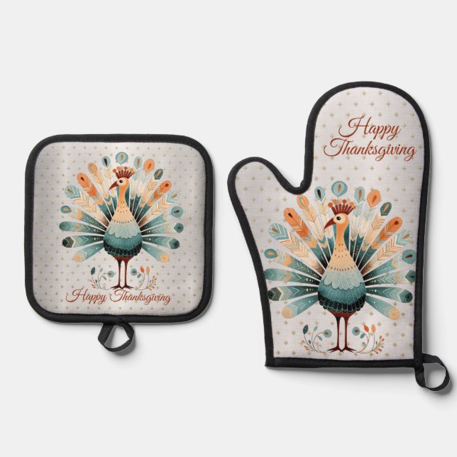 Happy Thanksgiving Colourful Turkey Golden Stars Oven Mitt & Pot Holder Set (Front)