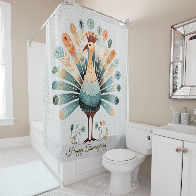Happy Thanksgiving Colourful Turkey Golden Stars Shower Curtain (In Situ)