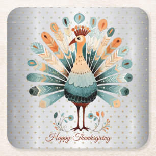 Happy Thanksgiving Colourful Turkey Golden Stars Square Paper Coaster