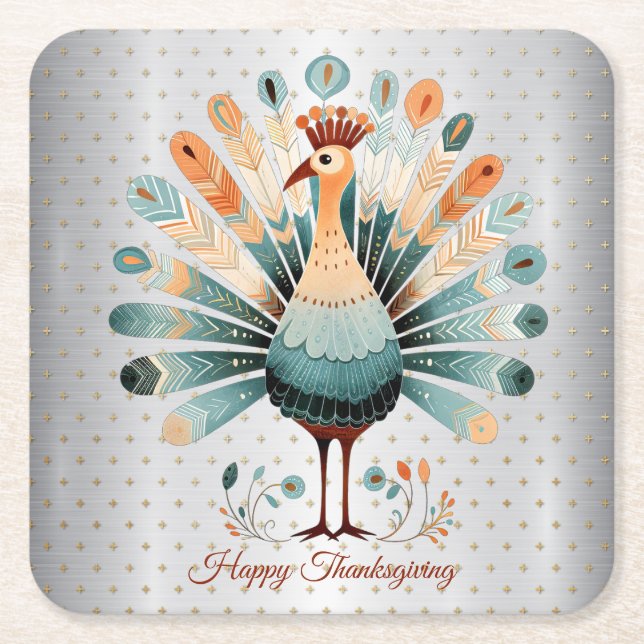 Happy Thanksgiving Colourful Turkey Golden Stars Square Paper Coaster (Front)
