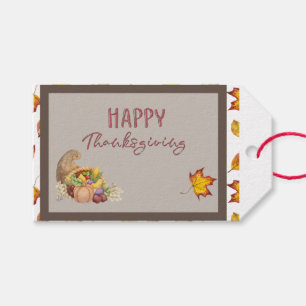 Happy Thanksgiving Cornucopia Basket Fall Leaves Gift Tags
