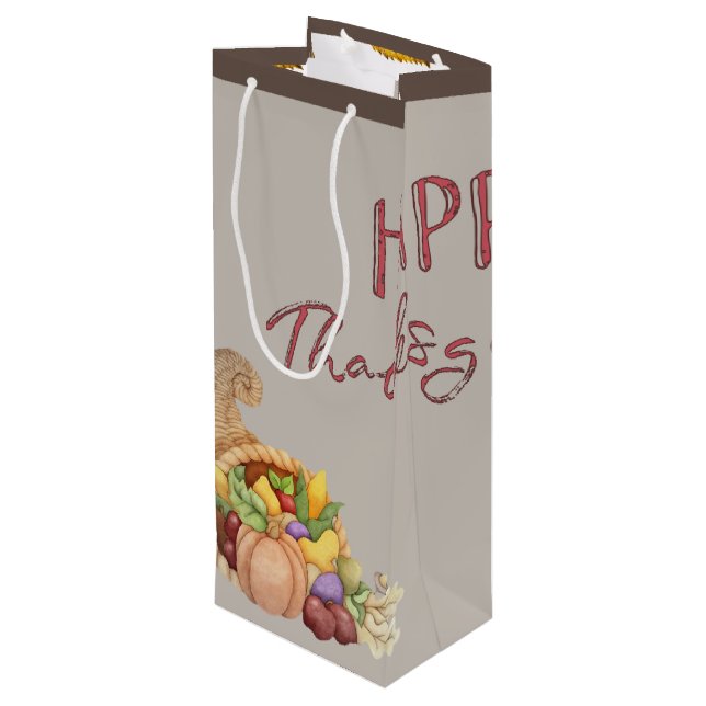 Happy Thanksgiving Cornucopia Basket Fall Leaves   Wine Gift Bag (Back Angled)