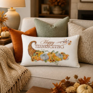 Happy Thanksgiving Cornucopia Lumbar Cushion