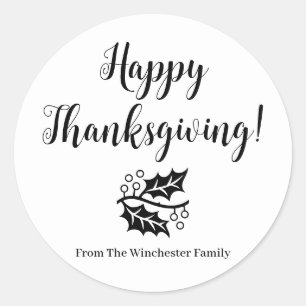 Happy Thanksgiving custom black script foliage Classic Round Sticker