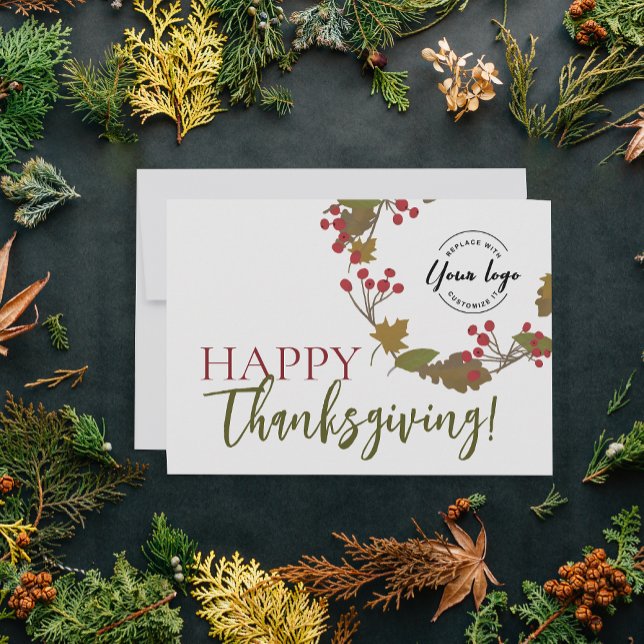 Happy Thanksgiving Custom logo Fall Foliage Holiday Card (Happy Thanksgiving autumn foliage wreath custom logo business holiday card.)