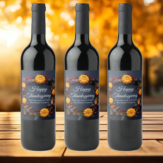 Happy Thanksgiving Custom Pumpkin Wreath Modern Wine Label (Creator Uploaded)