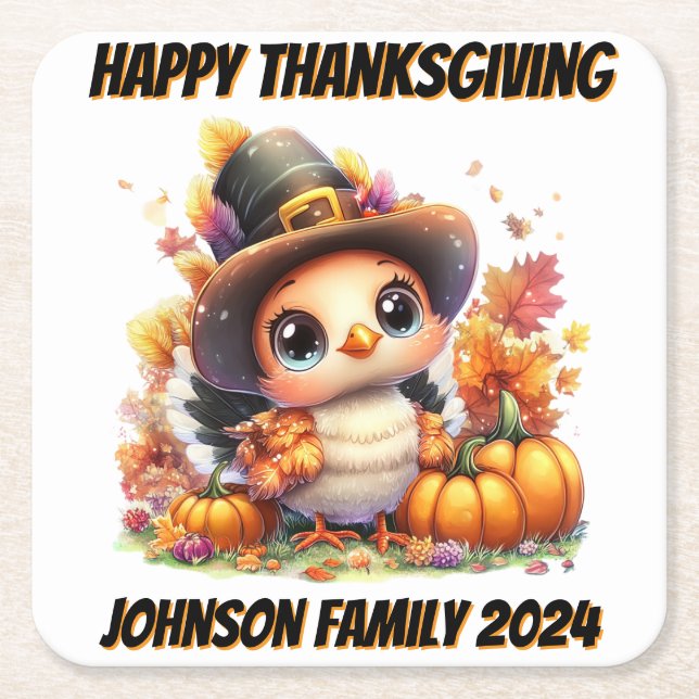 Happy Thanksgiving Cute Baby Turkey Square Paper Coaster (Front)
