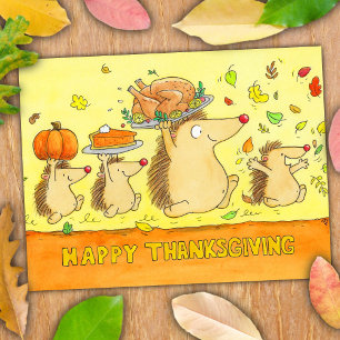 Happy Thanksgiving Cute Cartoon Hedgehogs Postcard