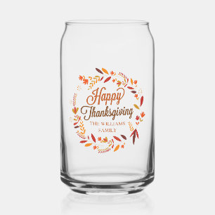Happy Thanksgiving Cute Custom Autumn Leaf Wreath Can Glass