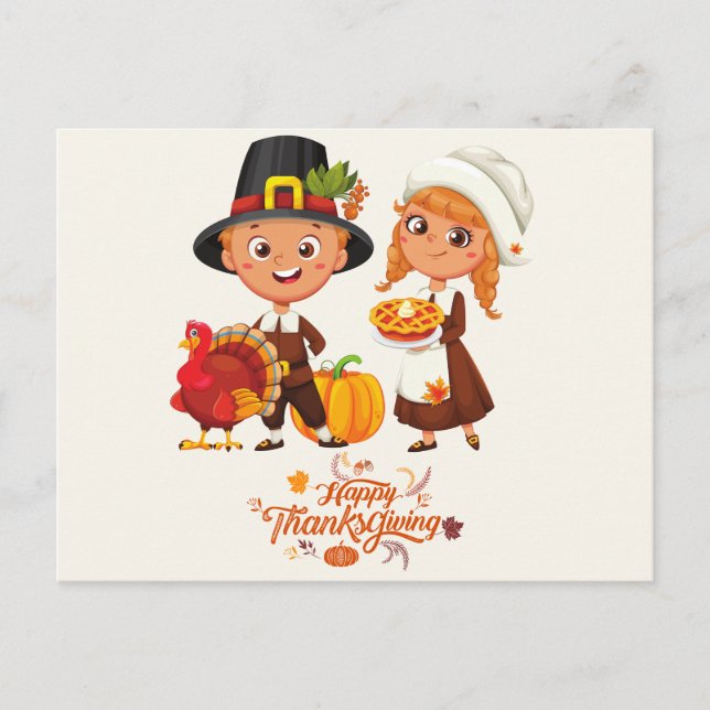 Happy Thanksgiving Cute Pilgrim Couple  Holiday Postcard (Front)