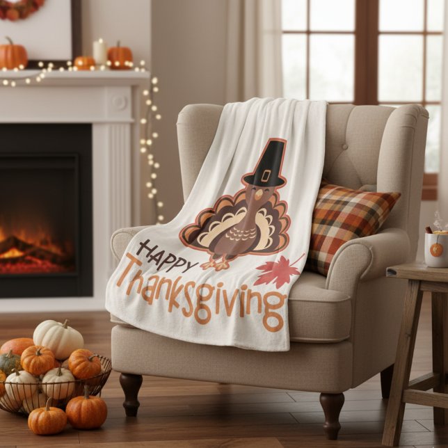 Happy Thanksgiving Cute Pilgrim Turkey Fleece Blanket (Happy Thanksgiving Cute Pilgrim Turkey Fleece Blanket)