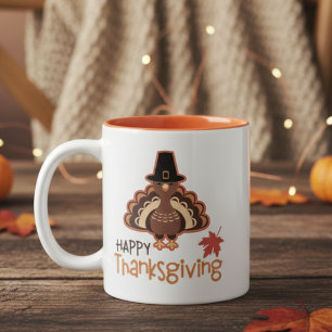 Happy Thanksgiving Cute Pilgrim Turkey Two-Tone Coffee Mug