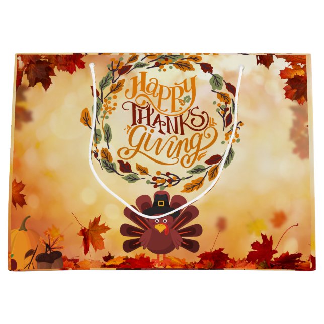 Happy Thanksgiving Cute Turkey and Autumn Leaves   Large Gift Bag (Front)