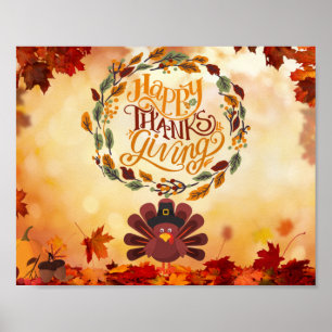 Happy Thanksgiving Cute Turkey and Autumn Leaves Poster