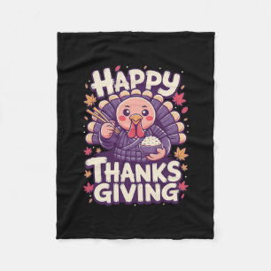 Happy Thanksgiving Cute Turkey With Rice Japanese Fleece Blanket