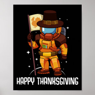 Happy Thanksgiving Day Astronaut Turkey Flag Fall Poster