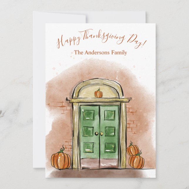 Happy Thanksgiving Day Autumn House Door Pumpkin   Holiday Card (Front)