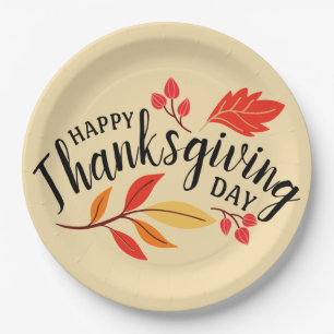 Happy Thanksgiving Day Botanical Fall Beige Leaves Paper Plate