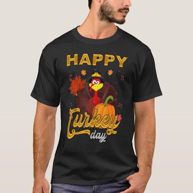 Happy Thanksgiving Day Funny Cute Pilgrim Turkey M T-Shirt (Front)