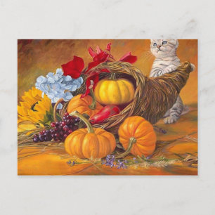 Happy Thanksgiving Day pumpkins with cat Postcard
