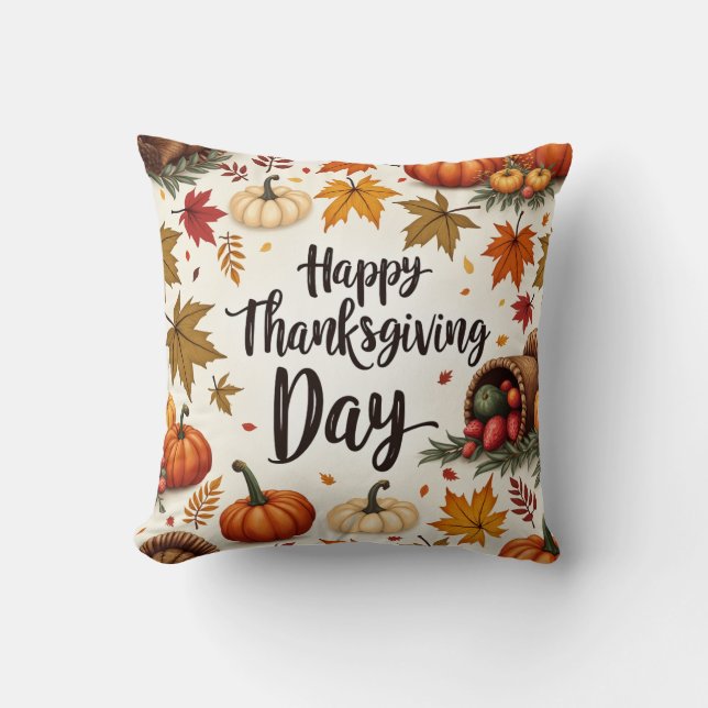 Happy Thanksgiving Day Rustic Autumn Throw Pillow (Front)