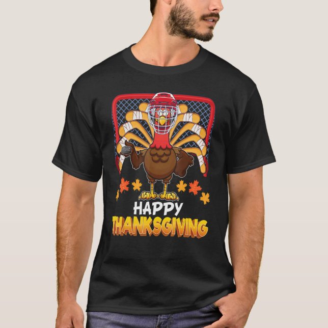 Happy Thanksgiving Day Turkey Playing Hockey Famil T-Shirt (Front)