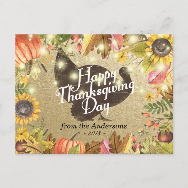 Happy Thanksgiving Day Turkey Pumpkins Fall Leaves Holiday Postcard (Front)