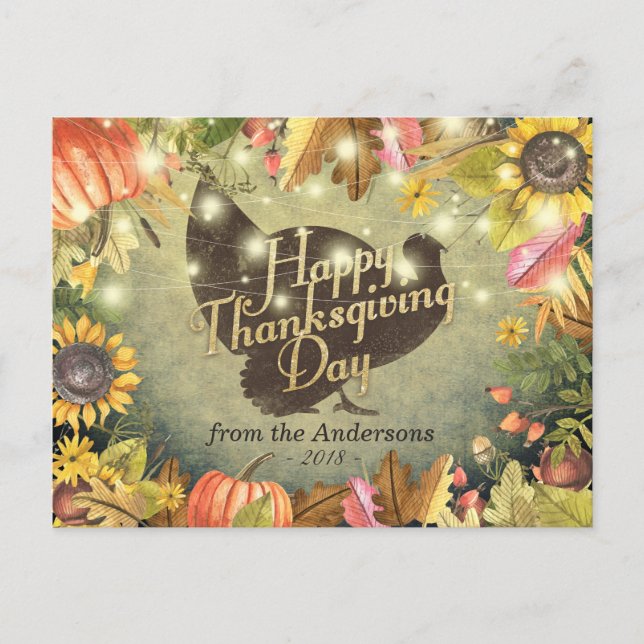 Happy Thanksgiving Day Turkey Pumpkins Fall Leaves Holiday Postcard (Front)