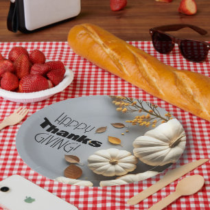 Happy Thanksgiving Day White Pumpkins Paper Plate