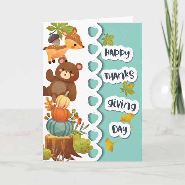 Happy Thanksgiving Day with Chipmunk & Bear Card (Front)
