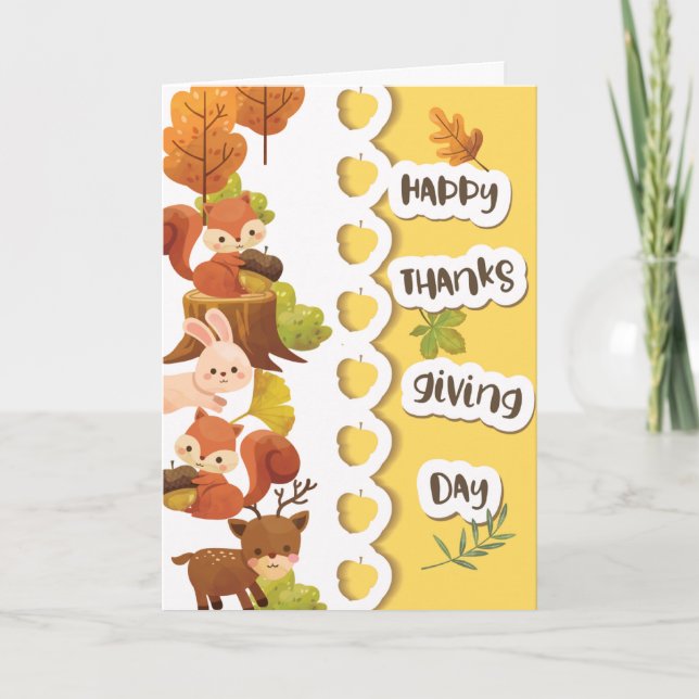Happy Thanksgiving Day with Woodland Animals Thank You Card (Front)