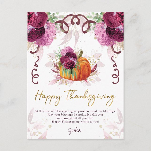Happy Thanksgiving Elegant Autumn Burgundy Postcard (Front)