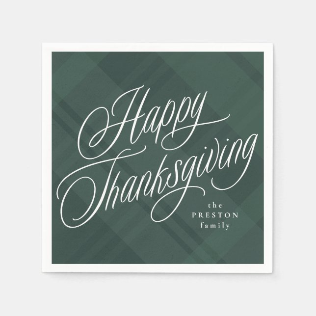 Happy Thanksgiving elegant green fall plaid Napkin (Front)