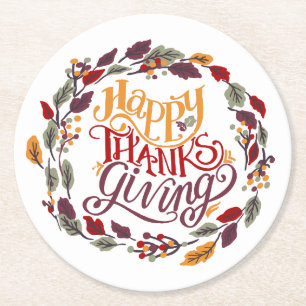 Happy Thanksgiving Fall Autumn Leaves Round Paper Coaster